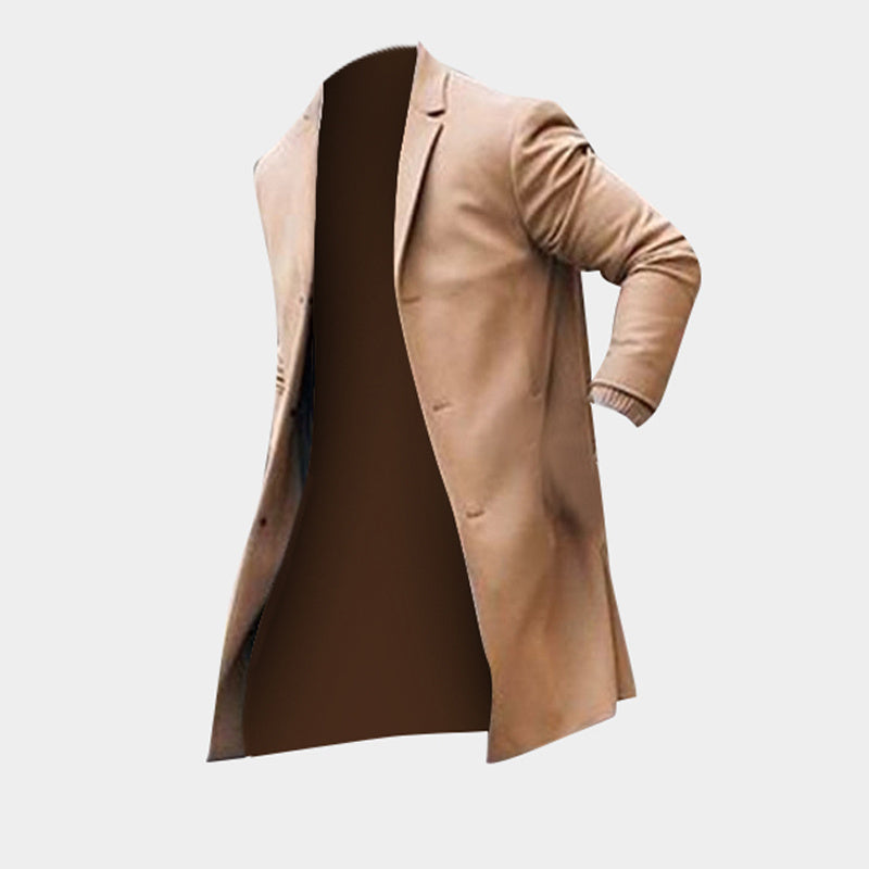 Loom & Soul™ Men’s Fashion Trench Long Jacket – Slim-Fit Solid Overcoat in Khaki & Black