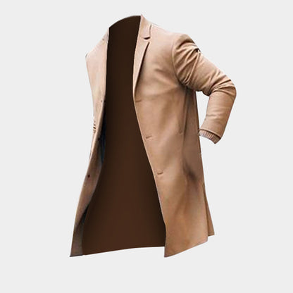 Loom & Soul™ Men’s Fashion Trench Long Jacket – Slim-Fit Solid Overcoat in Khaki & Black