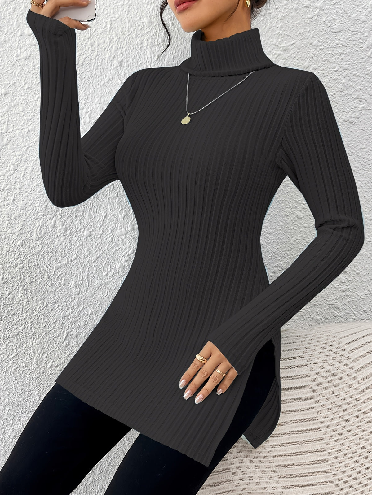 Haut élégant à col roulé pour femme – Tricot doux à manches longues et col montant