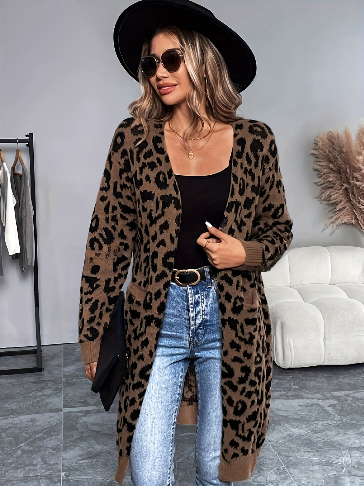 Cardigan imprimé léopard – Chandail douillet sans col en tricot