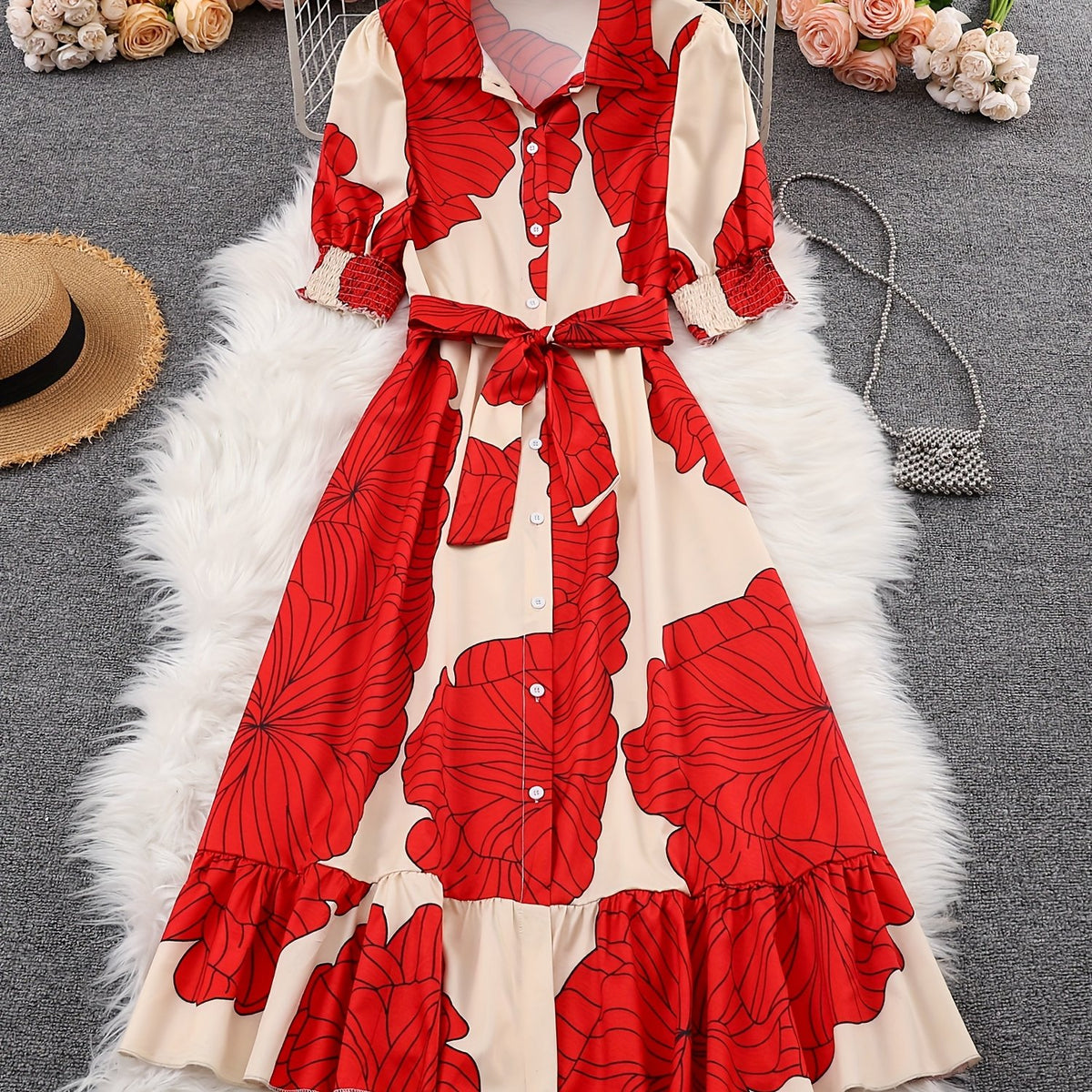 Robe longue chemise fleurie à nouer à la taille – Robe élégante à manches longues et coupe trapèze