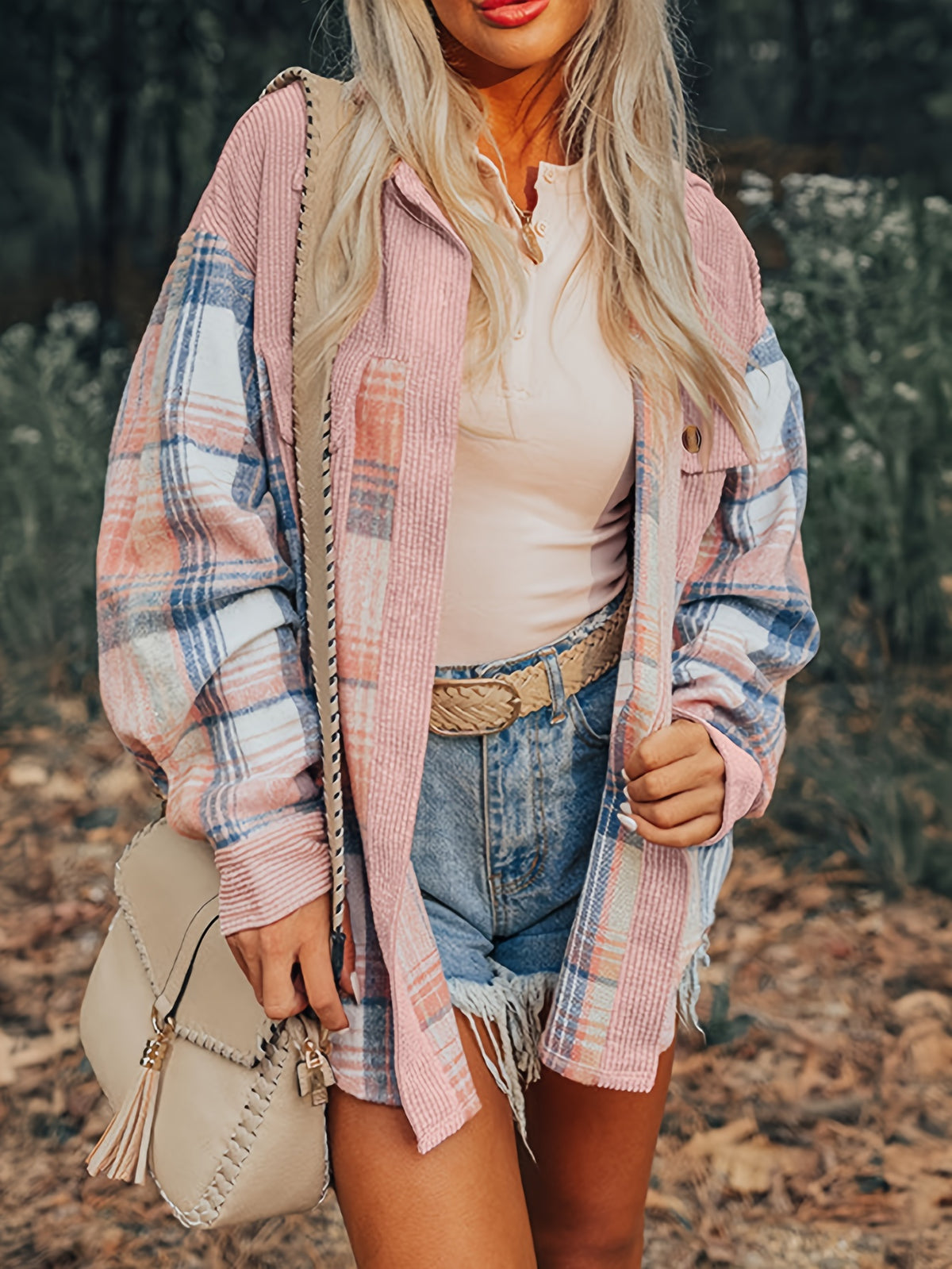 Shacket à carreaux pour femme – Col à revers, boutonnée, épaules tombantes, automne/printemps
