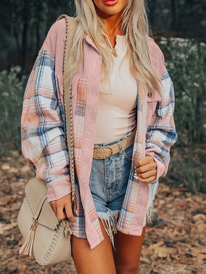 Shacket à carreaux pour femme – Col à revers, boutonnée, épaules tombantes, automne/printemps