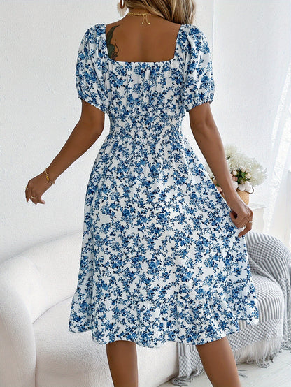 Robe trapèze à manches bouffantes et encolure carrée – Robe élégante à fleurs pour le printemps et l'été
