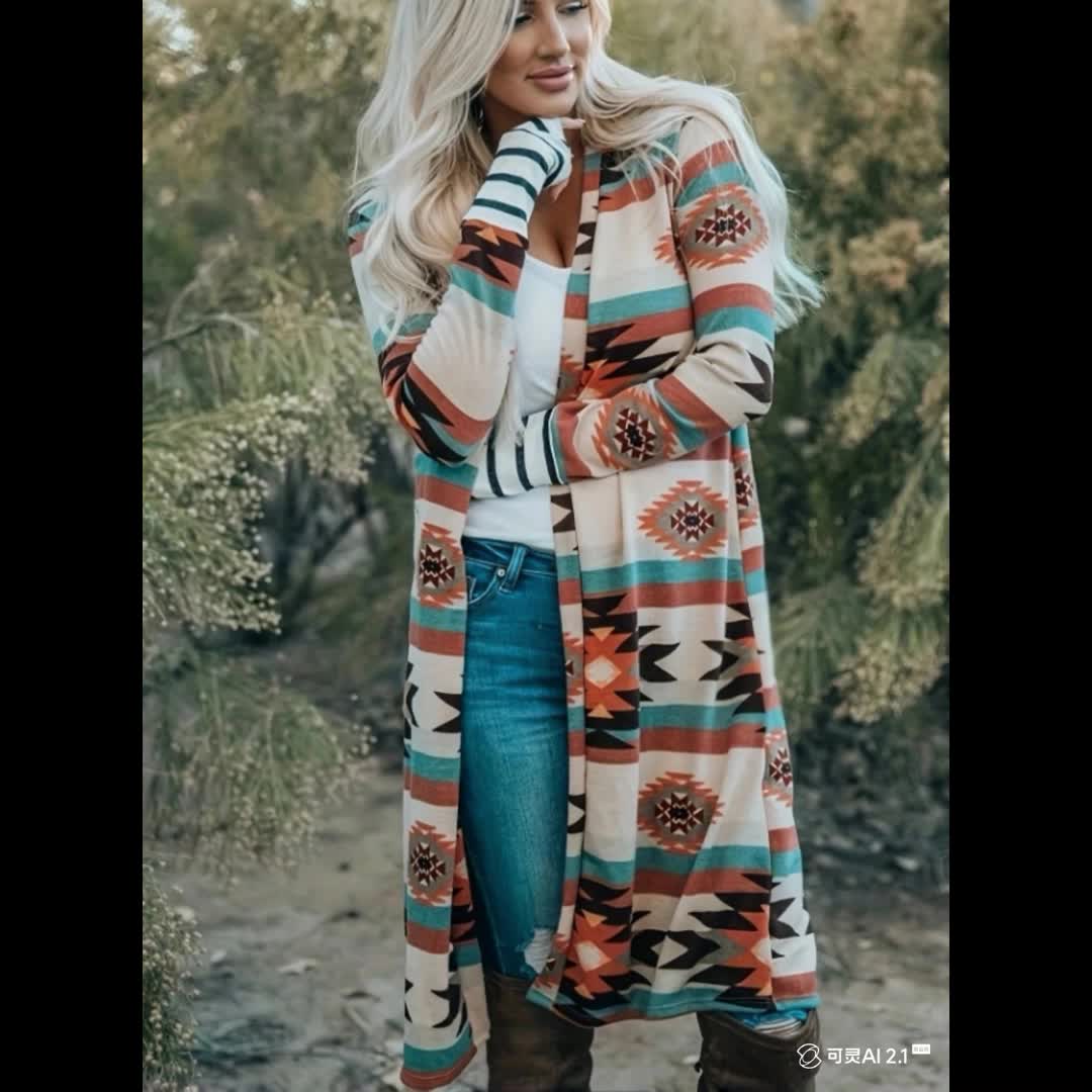 Southwestern Aztec Print Cardigan – Women’s Turquoise & Red Knit Jacket