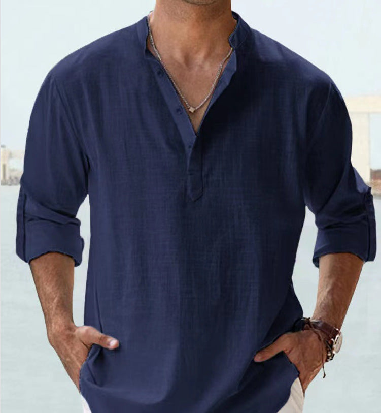 Men’s Stand Collar Sports Shirt – Loose Fit Breathable Cotton Pullover