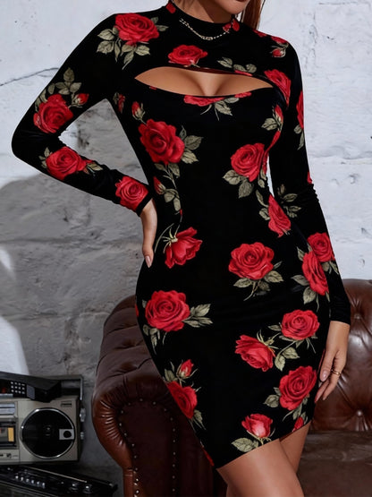 Robe midi moulante imprimé rose – Robe cintrée élégante avec découpes