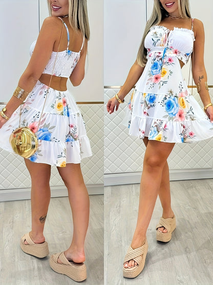 Floral Cold Shoulder Ruched Mini Dress – Spaghetti Strap Beach Style