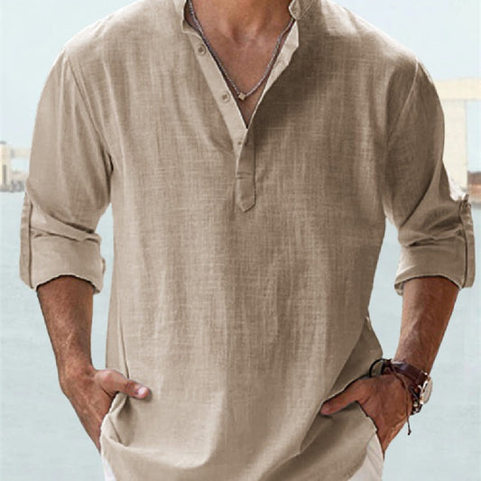 Men’s Stand Collar Sports Shirt – Loose Fit Breathable Cotton Pullover