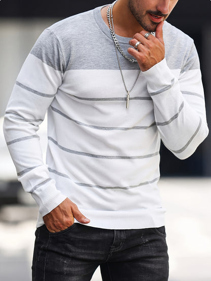 Men’s Navy Striped Knit Sweater – Casual Crew Neck Pullover
