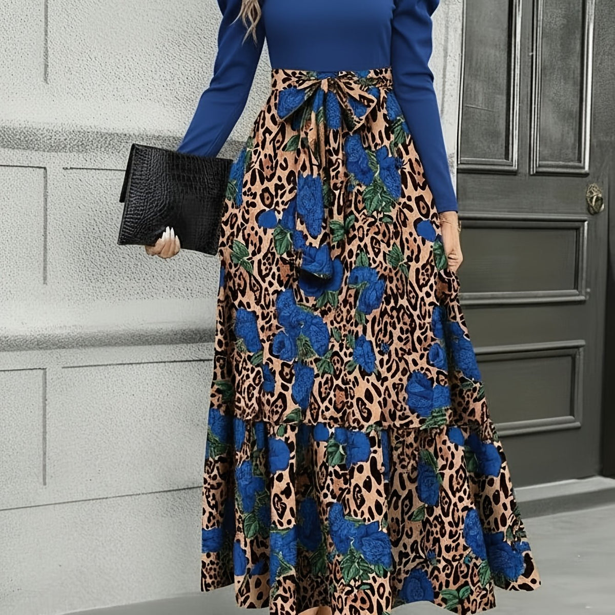 Leopard Print Patchwork Tie-Waist Dress – Elegant Long Sleeve Fitted Dress
