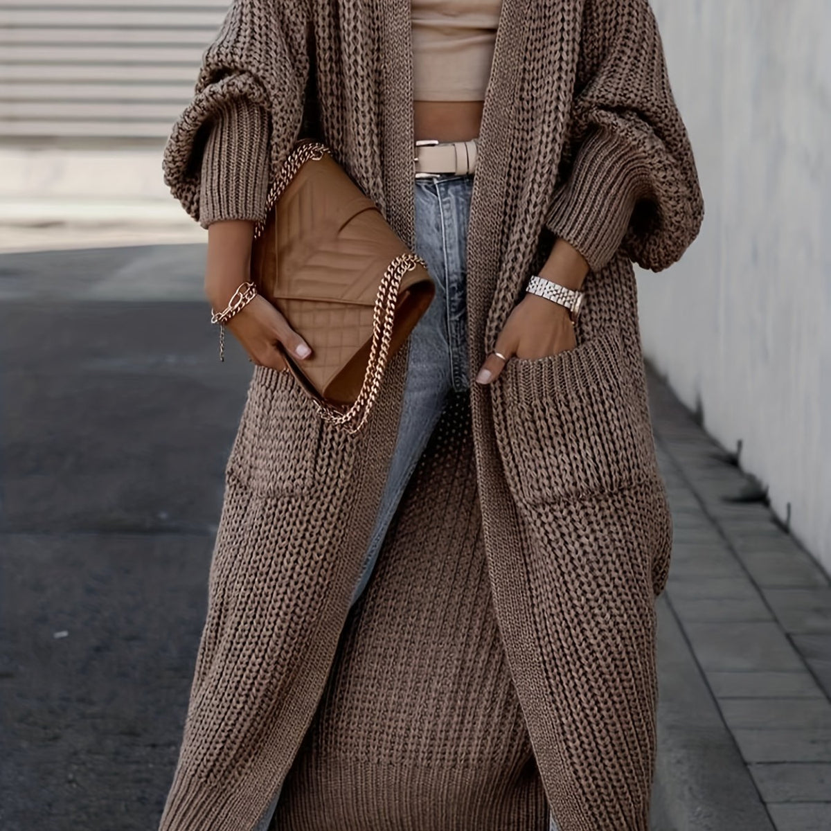Elegant Deep V-Neck Ribbed Cardigan – Women’s Fall/Winter Knit Sweater