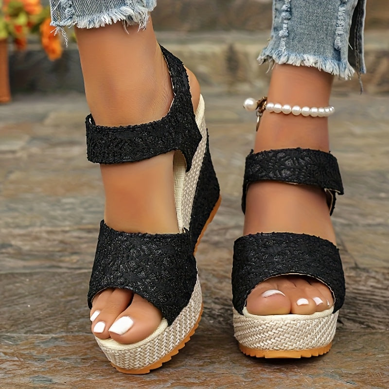 Sandales compensées en dentelle noire – Talons d'été élégants avec bride cheville