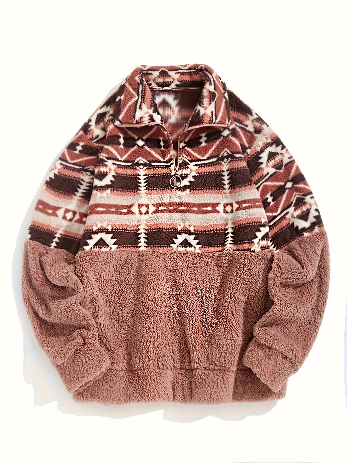 Sweat-shirt Teddy à motif géométrique – Pull polaire demi-zippé pour l'automne et l'hiver