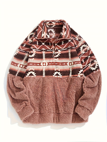 Sweat-shirt Teddy à motif géométrique – Pull polaire demi-zippé pour l'automne et l'hiver