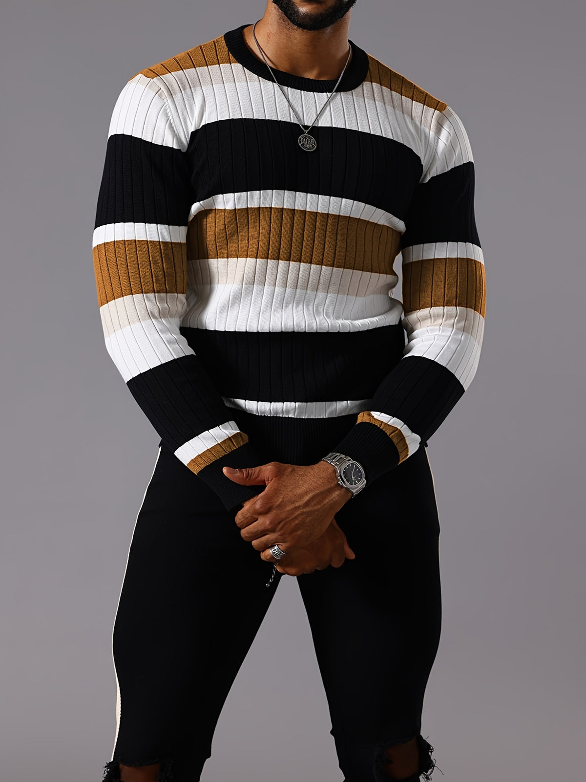 Men’s Striped Ribbed Knit Sweater – Color-Block Fall Winter Pullover