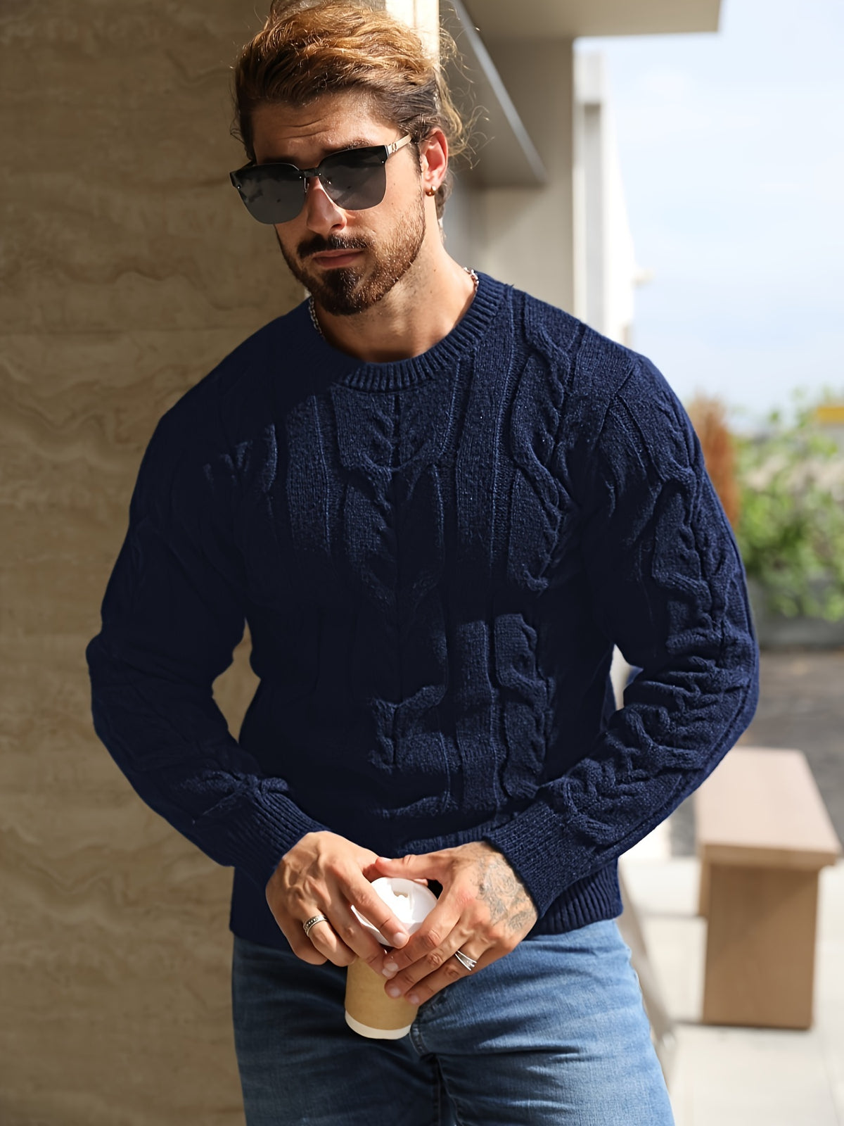 Suéter de punto a rayas para hombre – Suéter suave con cuello redondo y ribete acanalado