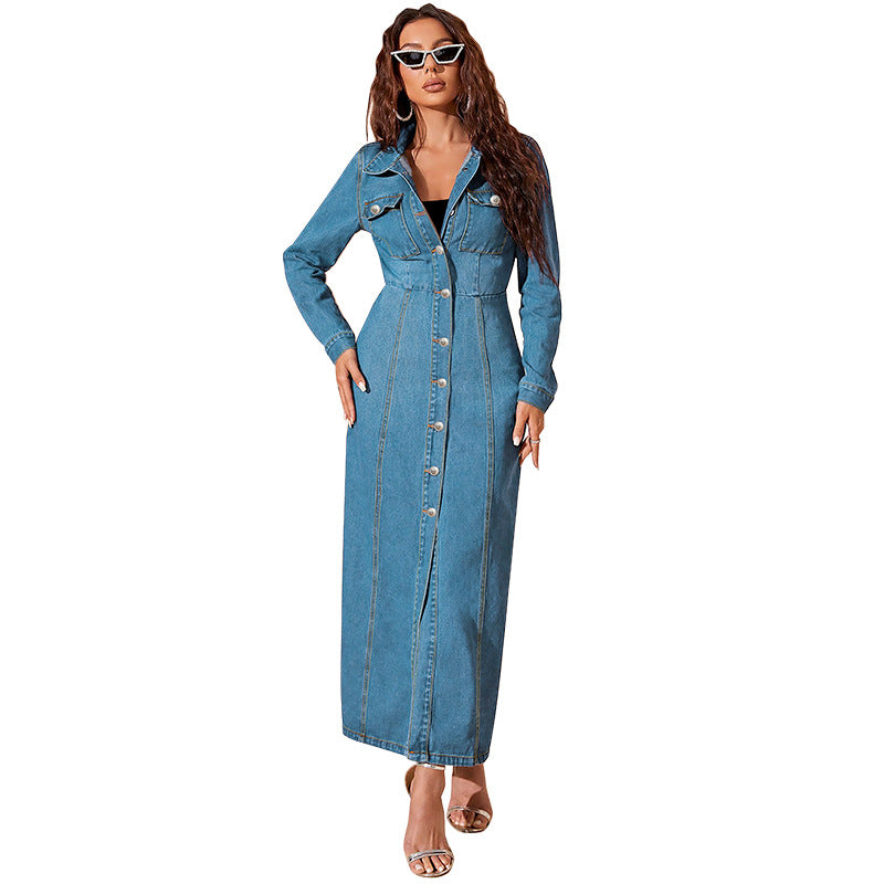 Robe cardigan en jean boutonnée pour femme – Coupe droite manches longues