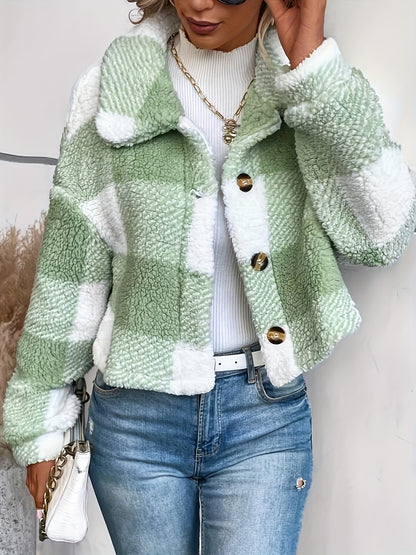 Manteau d'hiver en peluche à carreaux pour femme – Chaud, boutonné, manches longues