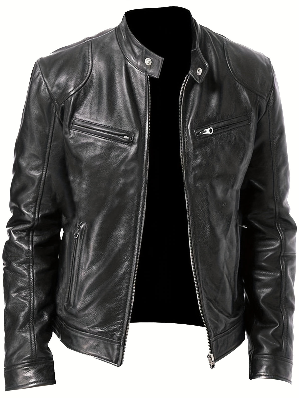 Veste de moto zippée pour homme – Col montant en cuir PU marron