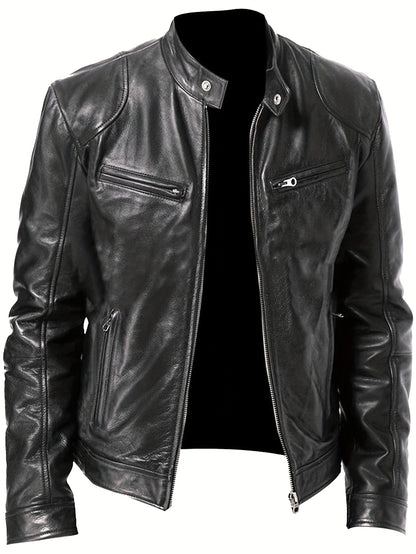 Veste de moto zippée pour homme – Col montant en cuir PU marron