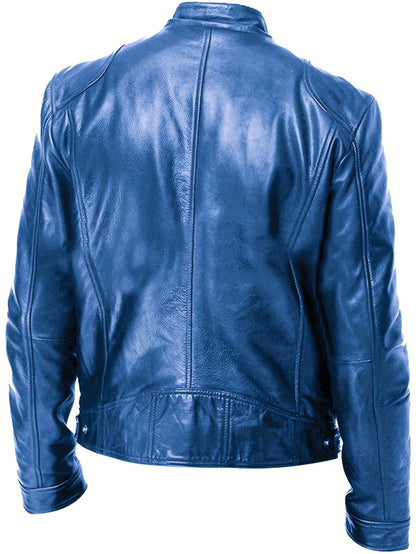 Veste de moto zippée pour homme – Col montant en cuir PU marron