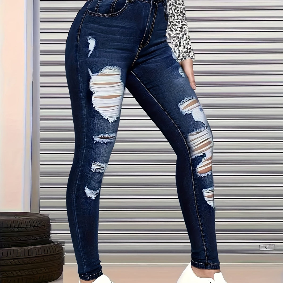 Women’s High Waist Ripped Skinny Jeans – Dark Wash Distressed Denim
