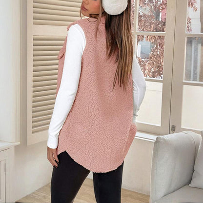 Women’s Wool-Like Sleeveless Vest – Lapel Button Mid-Length Waistcoat