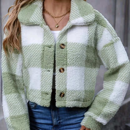 Manteau en peluche à carreaux pour femme – Vêtement d'extérieur chaud à carreaux pour l'automne/hiver avec boutons
