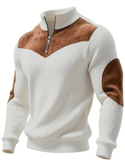 Pull Homme Demi-Zip Col Droit – Sweat Rétro Chaud et Côtelé