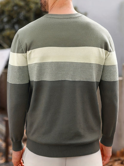 Chandail en maille rayé pour homme – Col rond classique à manches longues