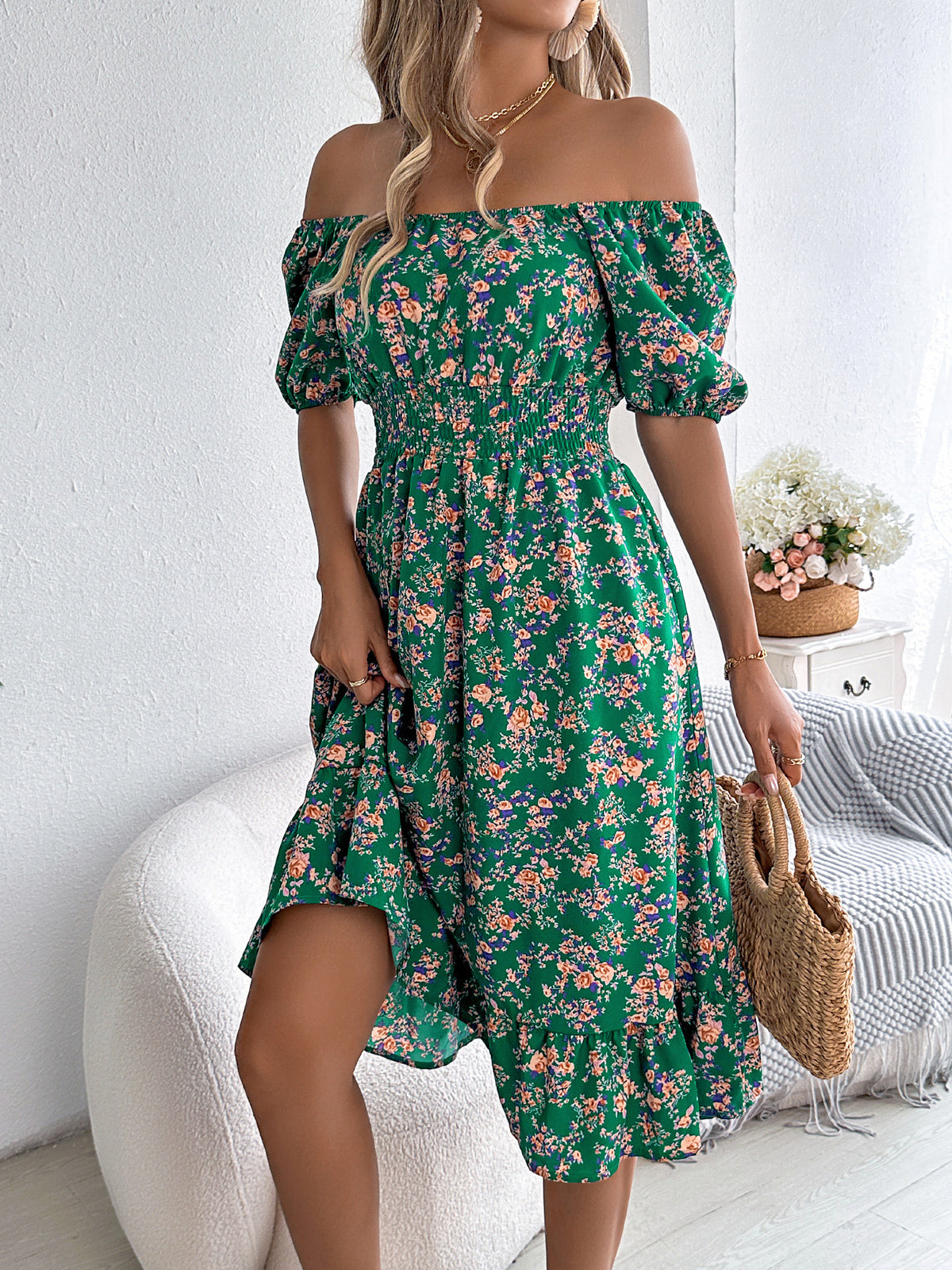 Loom & Soul™ Floral Ruffle Dress – Square Neck Summer Short Sleeve Dress for Women