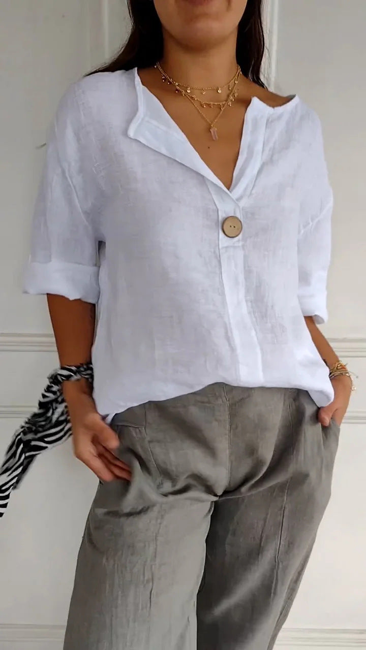 Haut boutonnée en coton et lin à col en V pour femme Loom & Soul™ – Blouse ample à manches longues