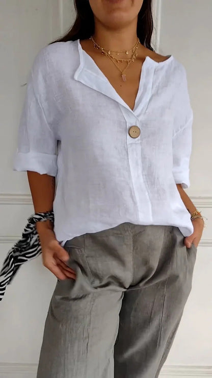 Haut boutonnée en coton et lin à col en V pour femme Loom & Soul™ – Blouse ample à manches longues