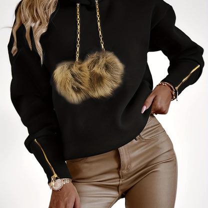 Sweat à capuche zippé en molleton doux avec pompons pour femme – Idéal automne/hiver