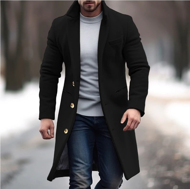 Loom & Soul™ Men’s Winter Wool Trench Coat – Classic Lapel Single-Breasted Long Jacket