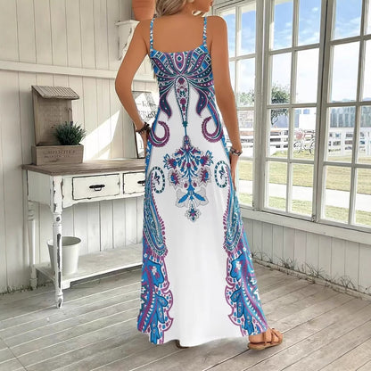 Robe longue imprimée sans manches col en V – Robe à bretelles motif rétro artistique