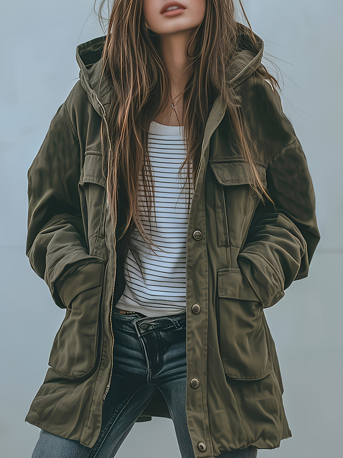 Veste à capuche robuste pour femme, vert olive – Manteau de travail épais toutes saisons