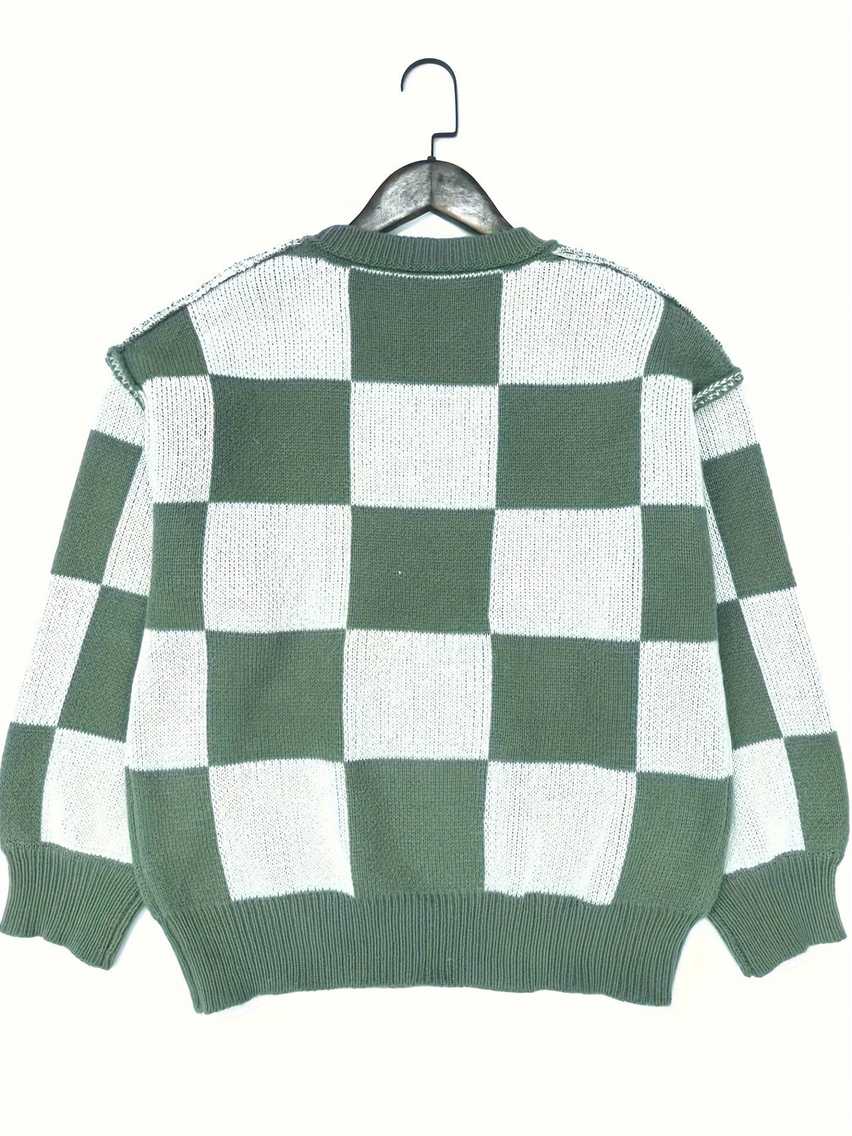 Checkered Knit Sweater – Cozy Fall/Winter Crewneck Plaid Pullover