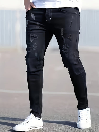 Jean slim noir délavé pour homme – Jean stretch déchiré pour toutes les saisons