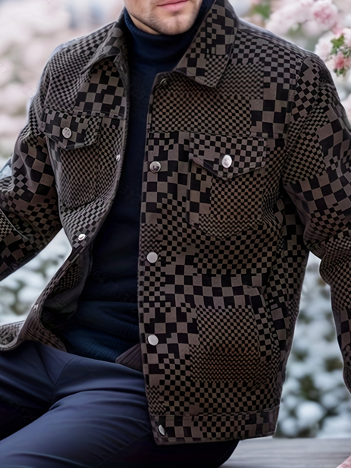 Manteau en PU à carreaux pour hommes – Veste de rue pied-de-poule noir et marron