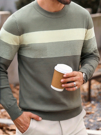 Chandail en maille rayé pour homme – Col rond classique à manches longues