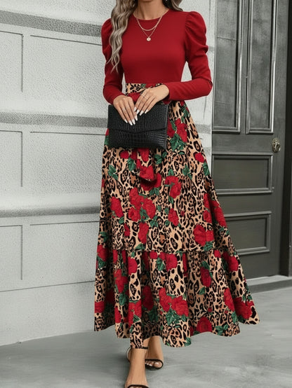 Leopard Print Patchwork Tie-Waist Dress – Elegant Long Sleeve Fitted Dress