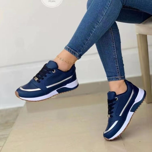Loom & Soul™ Women’s Flat Lace-Up Sneakers – Breathable Patent PU Casual Shoes with Soft PU Sole