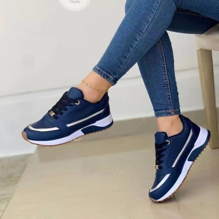 Loom & Soul™ Women’s Flat Lace-Up Sneakers – Breathable Patent PU Casual Shoes with Soft PU Sole