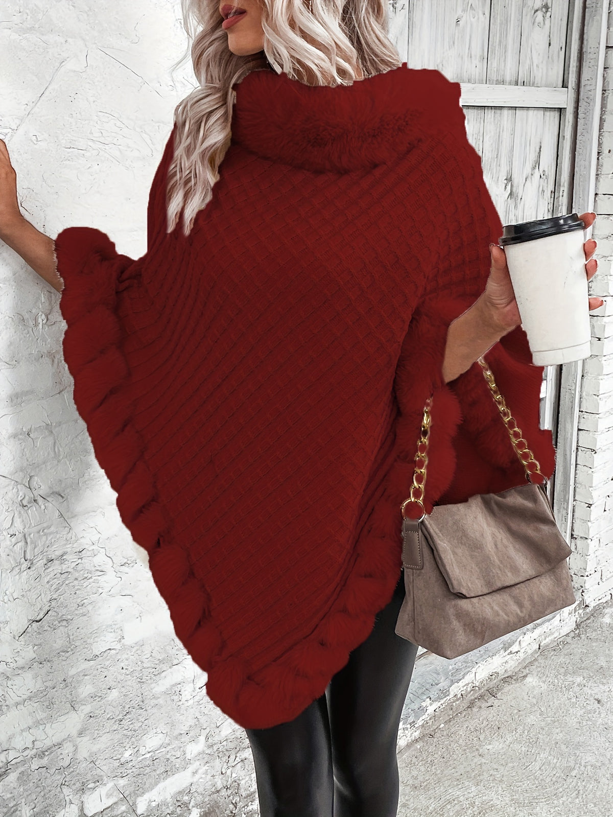 Women’s Faux Fur Cape Coat – Elegant Plush Collar Winter Outerwear