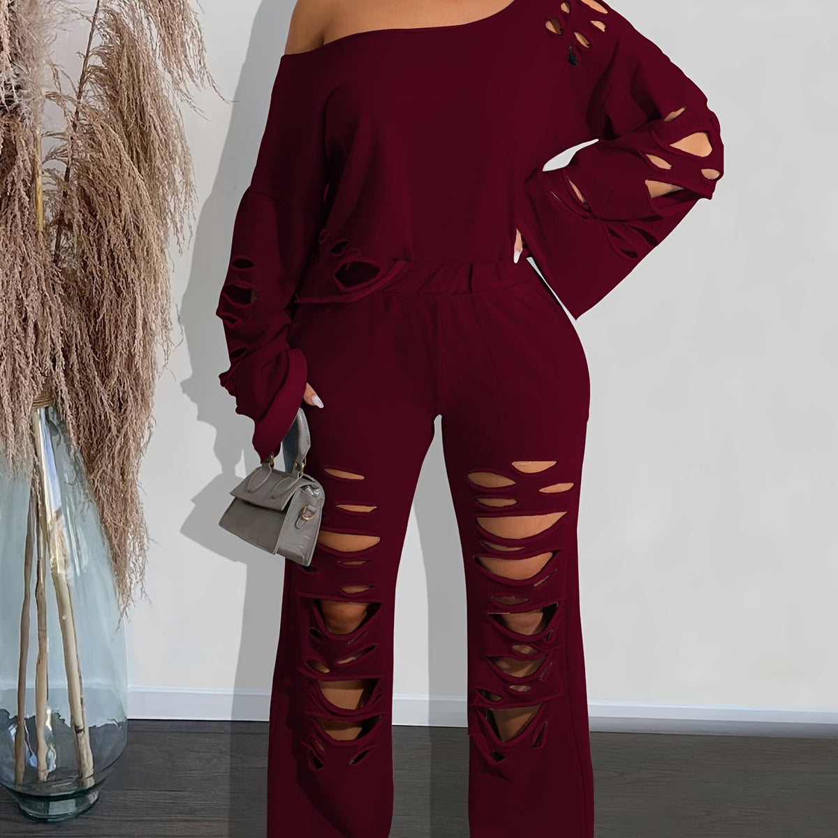 Conjunto de 2 piezas para mujer, hombros descubiertos, efecto envejecido – Top de manga larga y pantalón rasgado