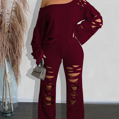 Conjunto de 2 piezas para mujer, hombros descubiertos, efecto envejecido – Top de manga larga y pantalón rasgado