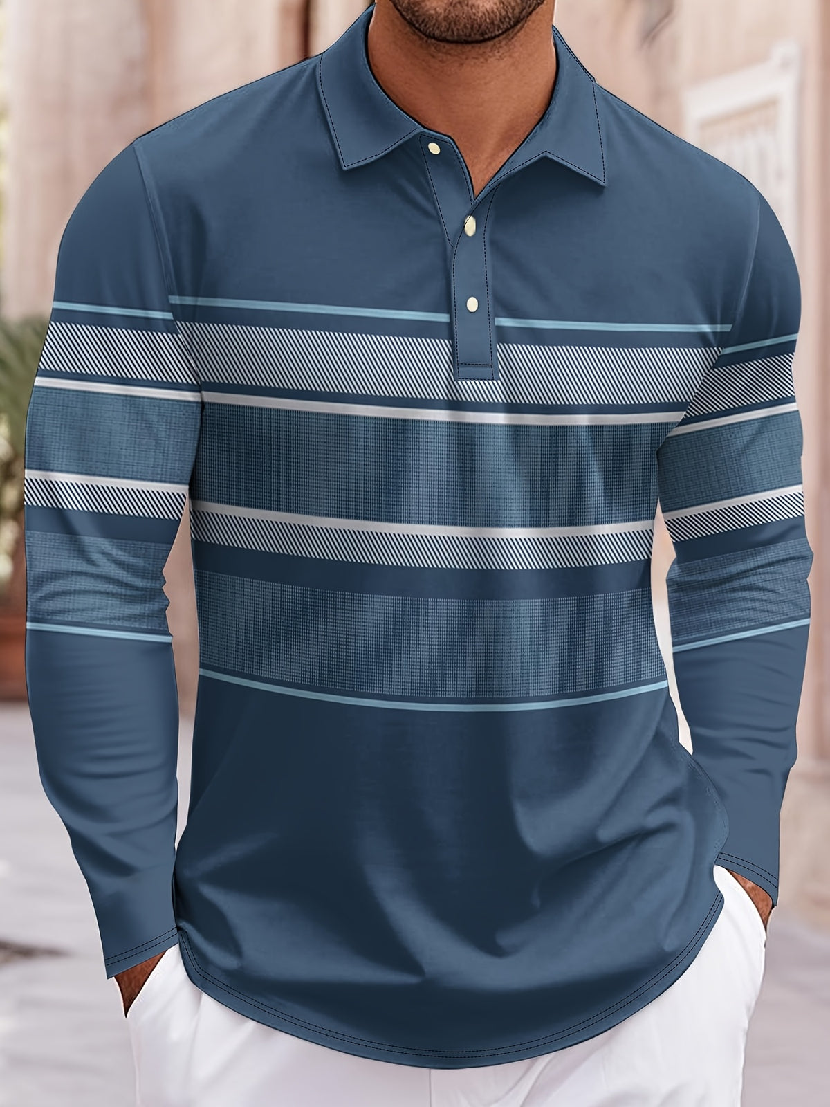 Men’s Blue & White Striped Polo Shirt – Long Sleeve Casual Preppy Polo