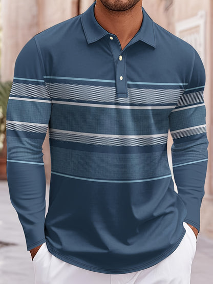 Men’s Blue & White Striped Polo Shirt – Long Sleeve Casual Preppy Polo